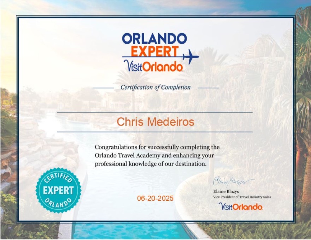 Certificado Orlando Expert da Visit Orlando — Certification of Completion em nome de Chris Medeiros, Orlando Travel Academy, 06-20-2025, assinado por Elaine Blazys, Vice President of Travel Industry Sales