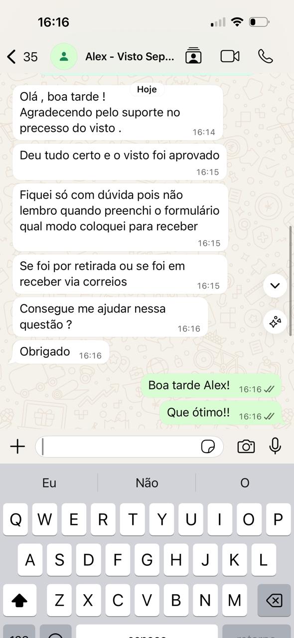 Alex — Visto aprovado, agradecendo suporte