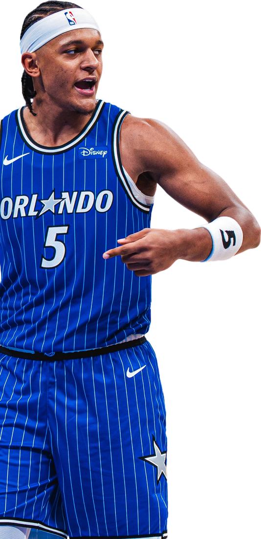 Jogador do Orlando Magic com o uniforme azul listrado do time